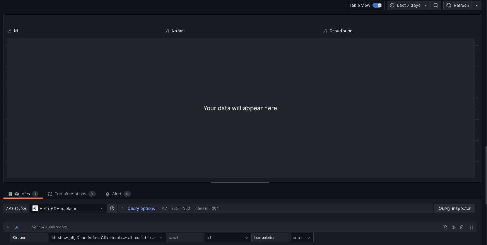 Show all streams table view